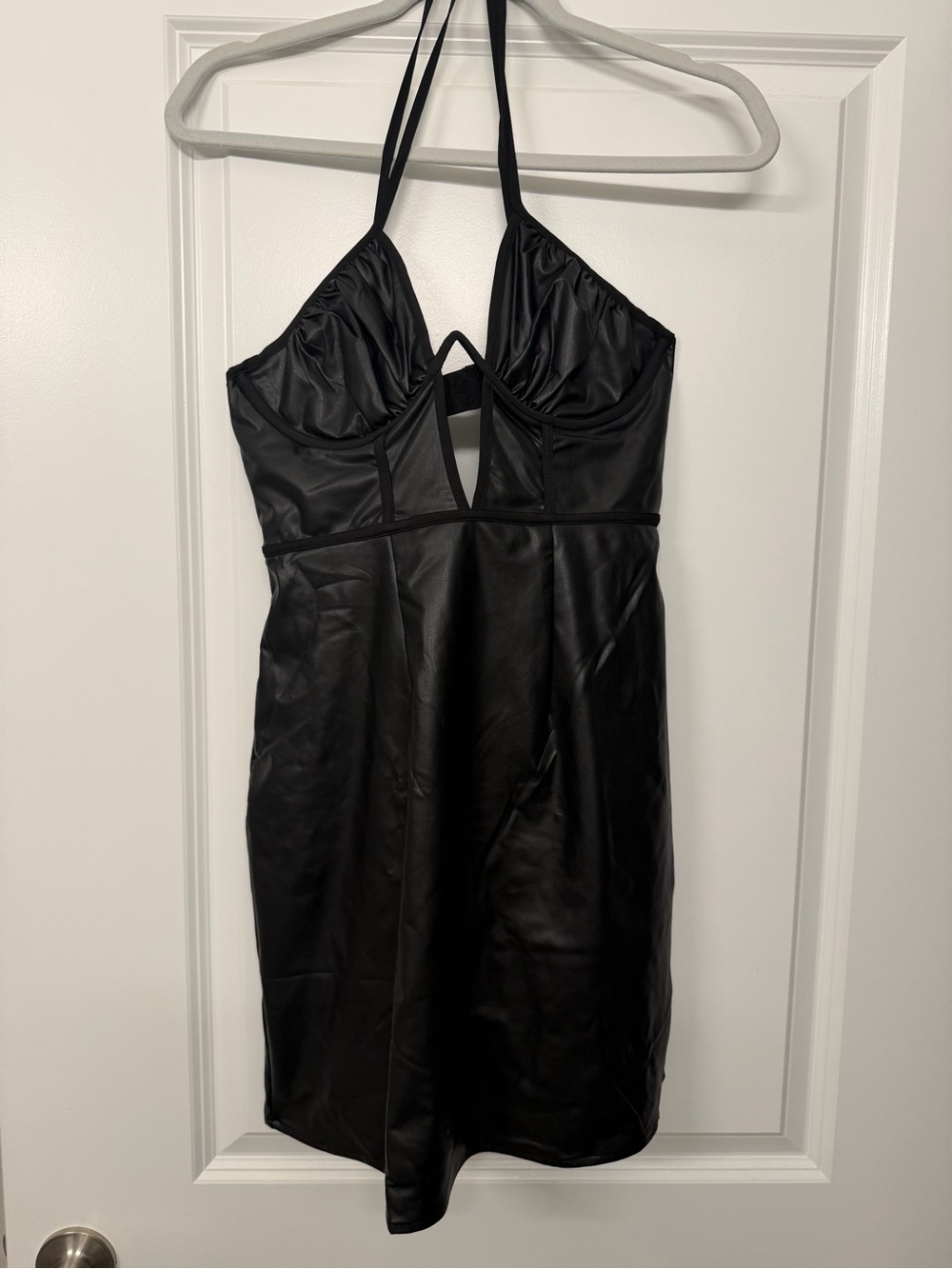 Black Faux Leather Halter Mini Dress - Women's